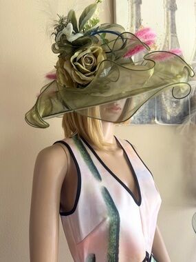 Olive Green Floral Wide-Brim Fascinator Hat